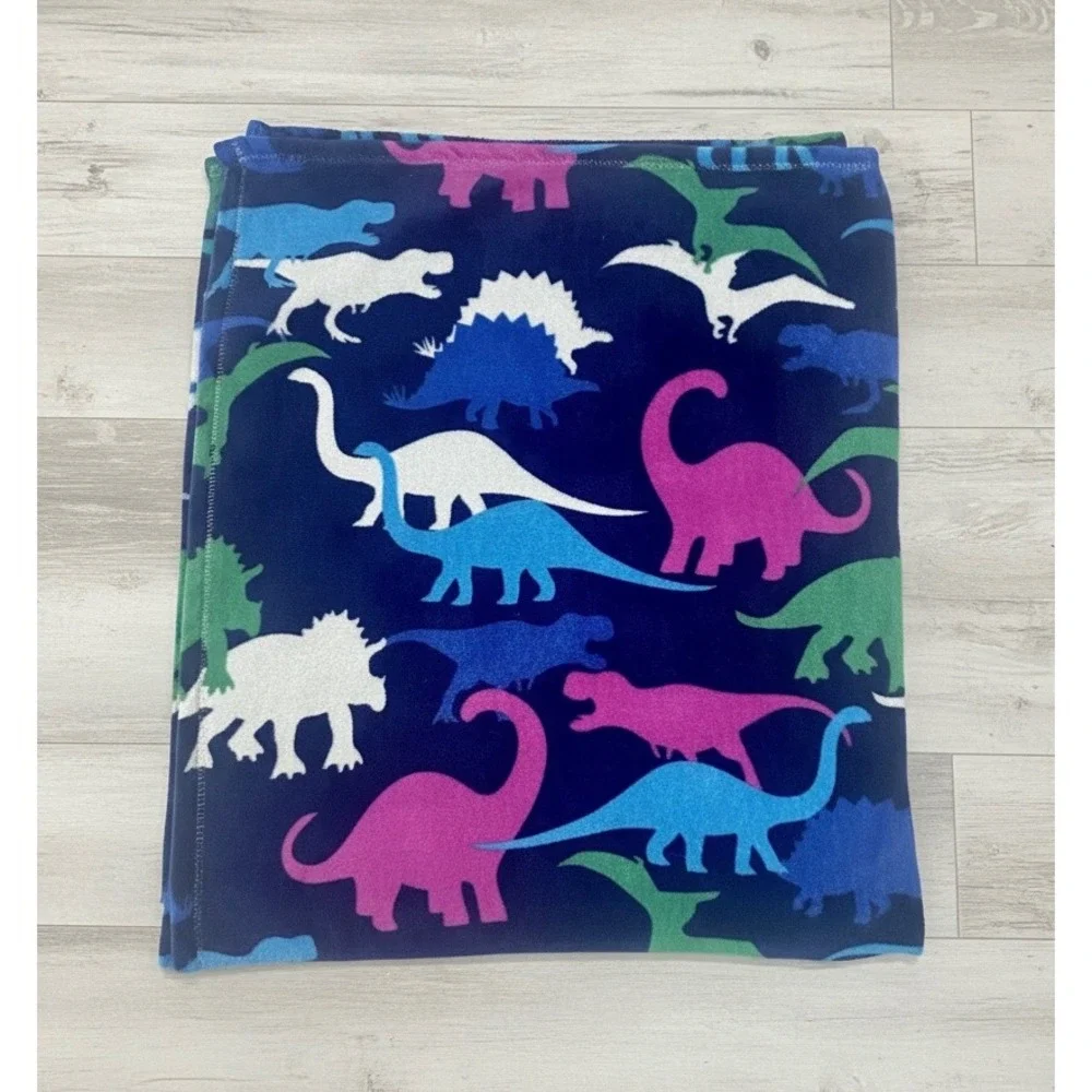 Kids Dinosaur Plush Fleece Throw Blanket Navy Blue Colorful Prehistoric Print